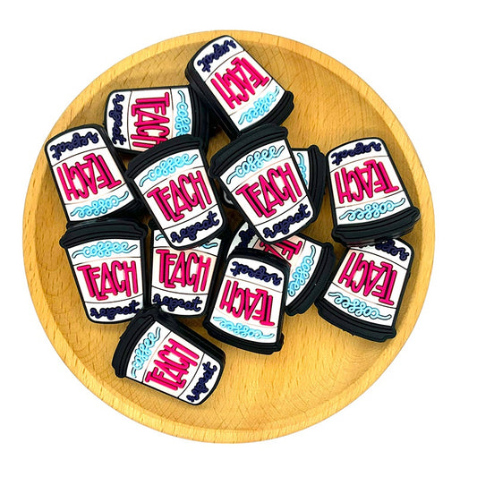 Silicone Focal Beads Coffee Teach Repeat Cup Colorful Text 20pcs 2