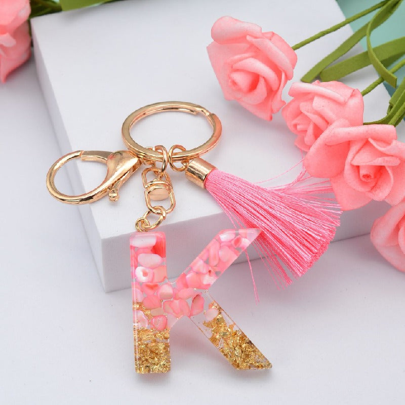Resin Floral Pink Tassel Monogram Keychain Alphabet Letter A 11