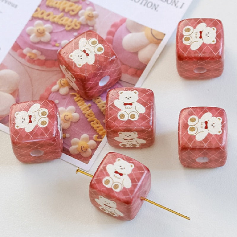 Cherry Bear Rabbit Square Acrylic Beads 14mm Playful Pattern 5pcs 6