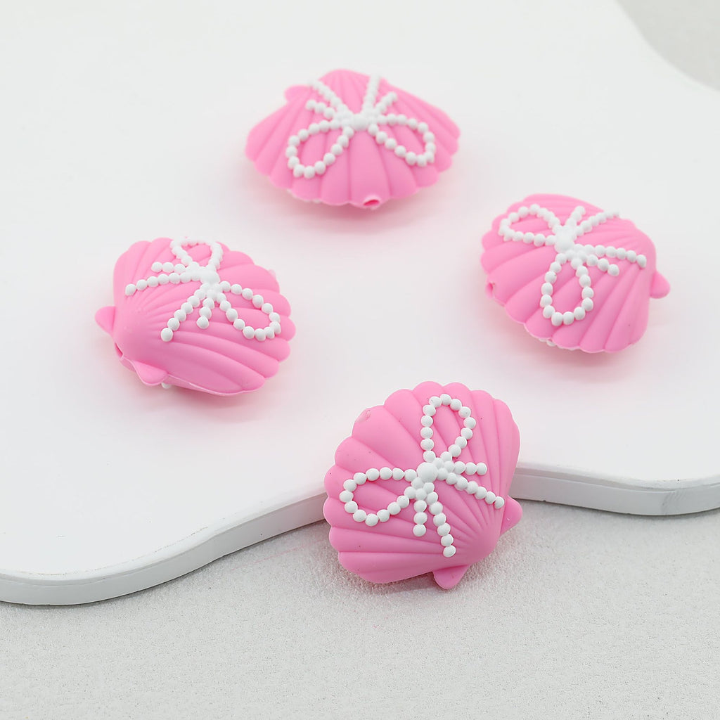 3D Pink Shell Pattern Silicone Focal Beads with White Dot Bow 20pcs