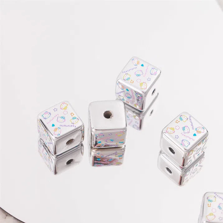 Silver Hello Kitty Printed Acrylic Square Beads 15mm 10pcs 6