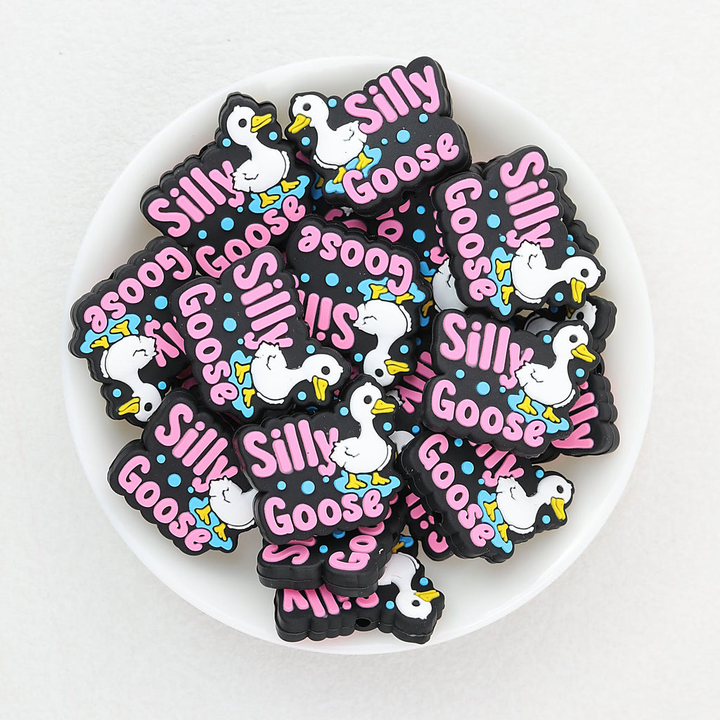 Silicone Focal Beads Silly Goose With Pink Text 20pcs