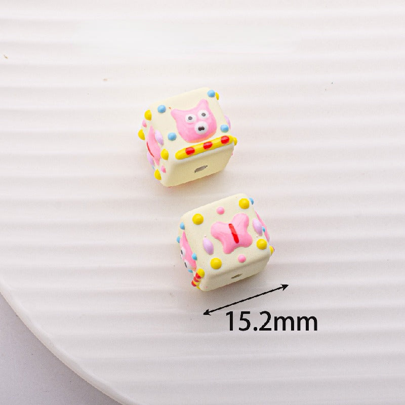 Painted Square Acrylic Beads 15mm Circus Pig Rabbit Expression 5pcs 2