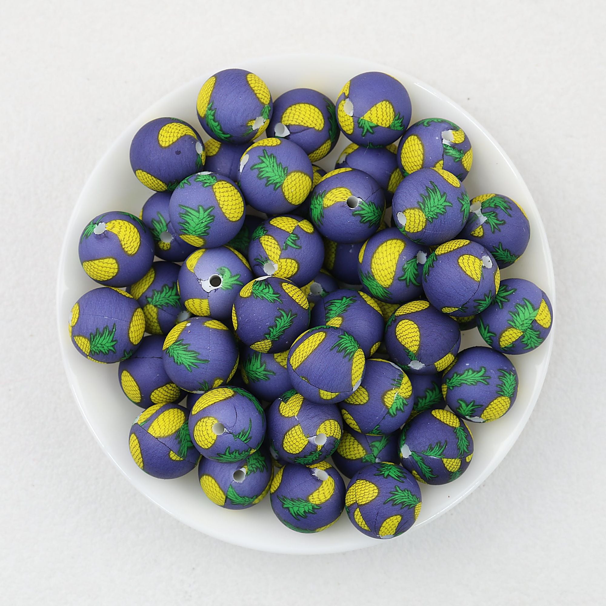 15mm Fruit Pattern Printed Silicone Round Beads 50pcs - Pineapple