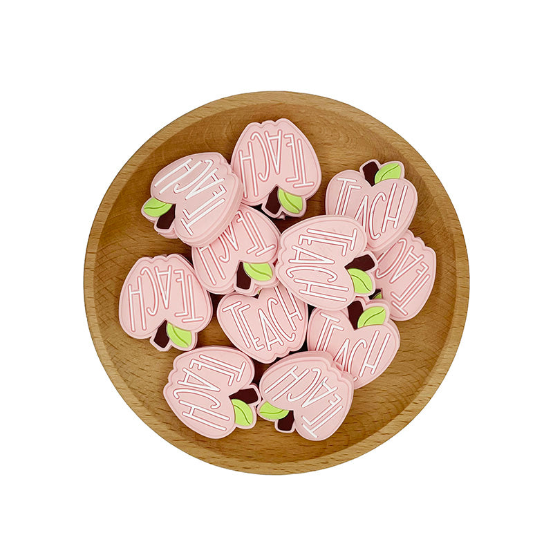 Silicone Focal Beads Apple TEACH Lettered Front Facing 20pcs 8