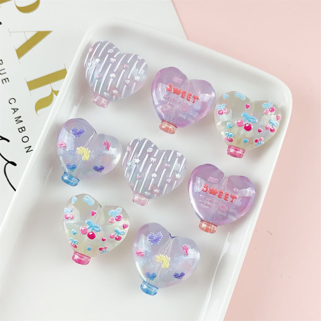 Decorative Heart Shaped 22mm Acrylic Beads with Double Sided Cherry Print 10pcs