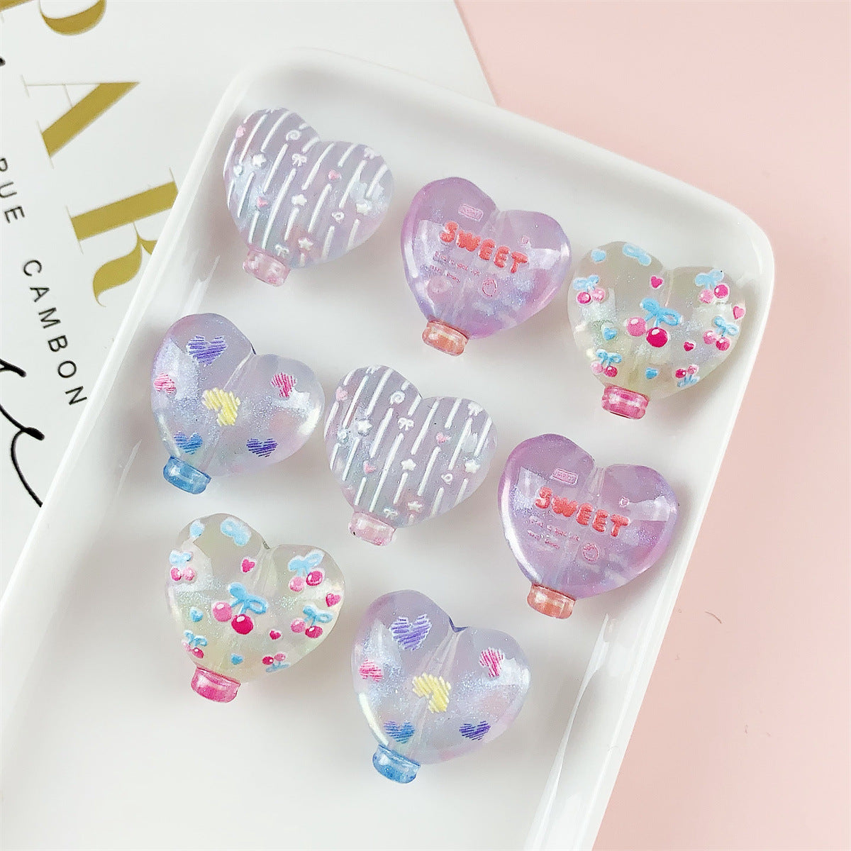 Decorative Heart Shaped 22mm Acrylic Beads with Double Sided Cherry Print 10pcs