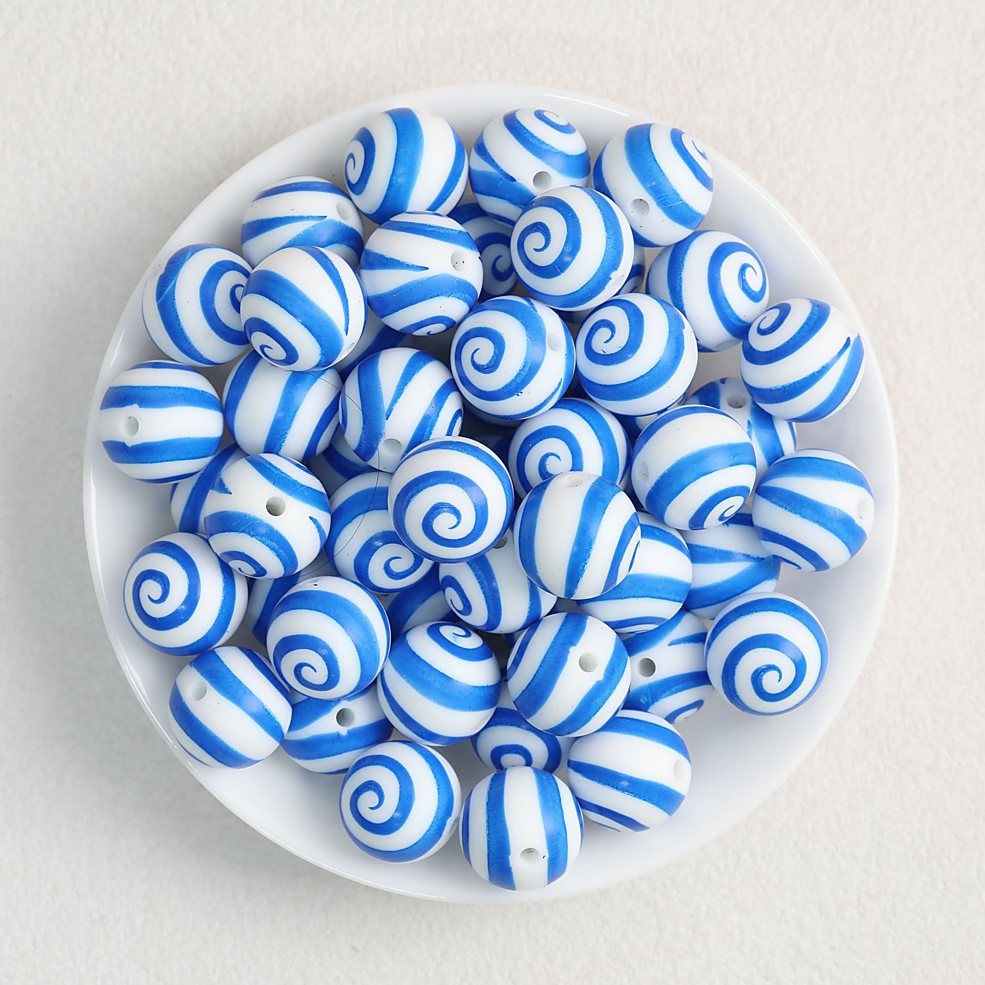 Colorful 15mm Swirl Pattern Priented Round Silicone Beads 50pcs - Blue