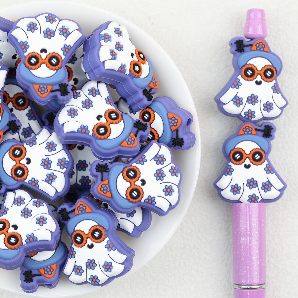 Purple Ghost Silicone Focal Beads Wholesale, Halloween Flower-Hat, Orange Glasses, Spider Accents