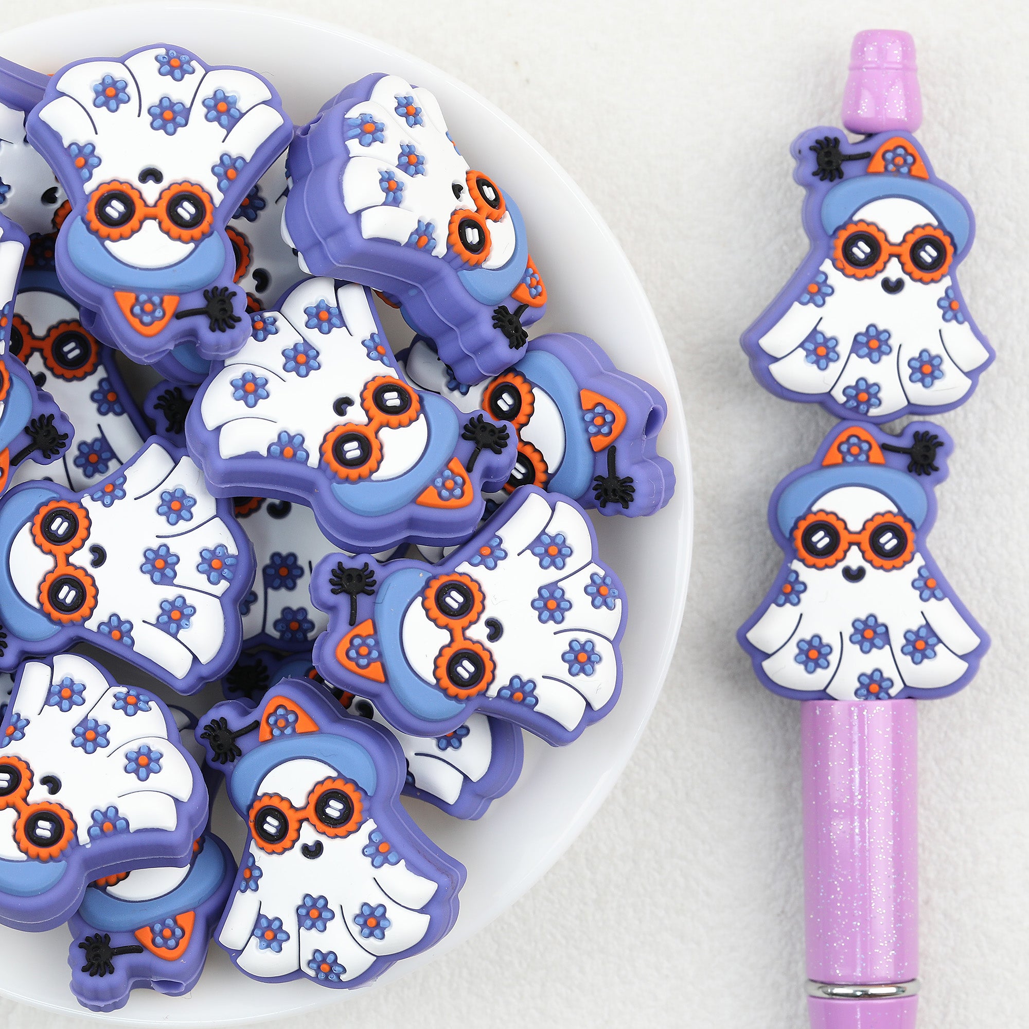 Purple Ghost Silicone Focal Beads Wholesale, Halloween Flower-Hat, Orange Glasses, Spider Accents