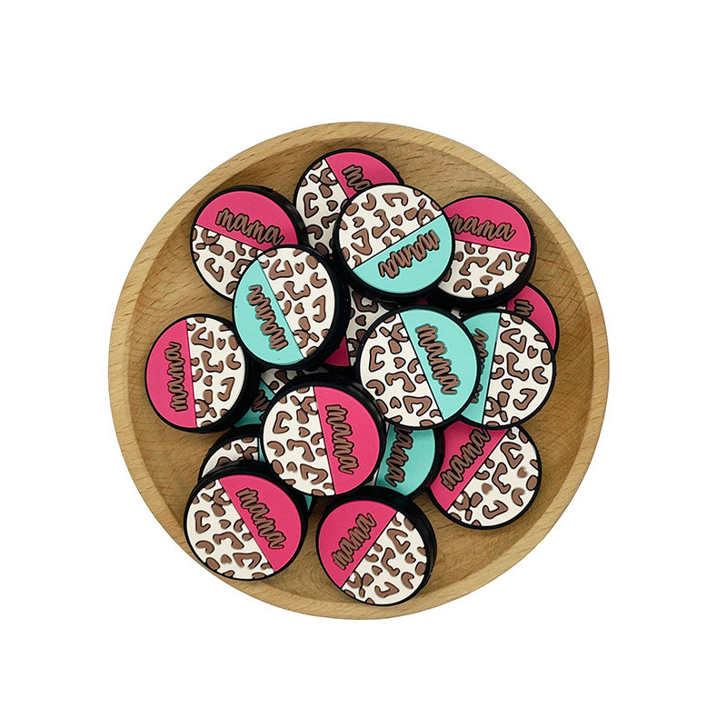Silicone Focal Beads Mama Round Leopard Print Color Block 20pcs 4