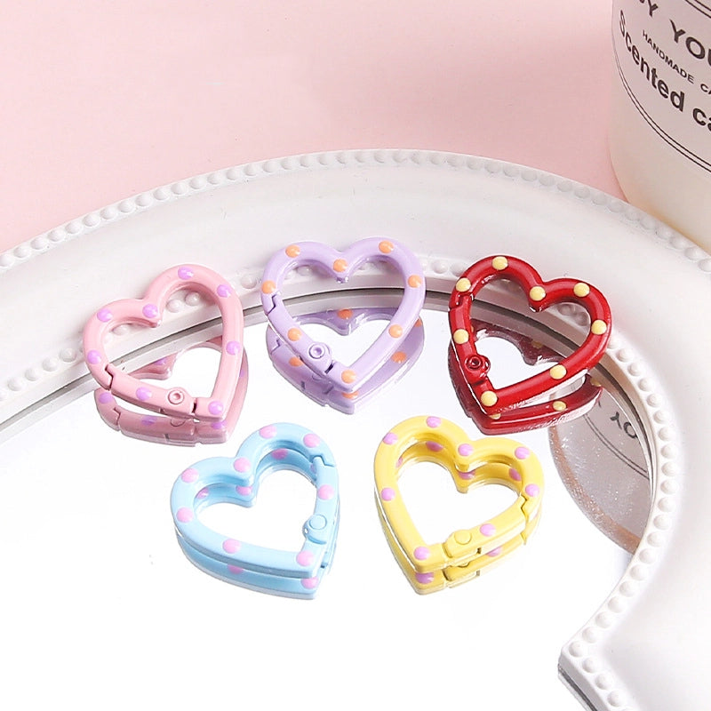 Metal Painted Dotted Heart Trigger Spring Keyrings 25mm 10pcs