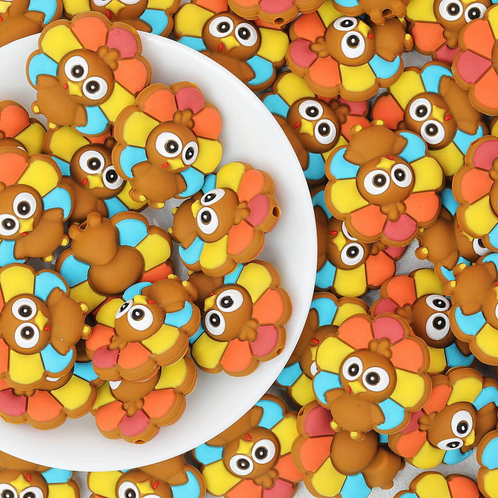 Thanksgiving Turkey 3D Silicone Beads with Colorful Feathers 20pcs