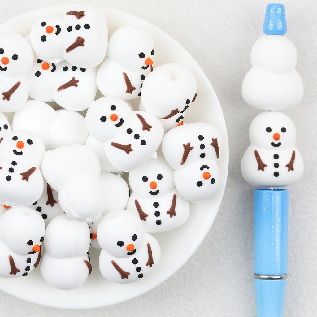 Snowman Christmas 3D Silicone Focal Beads Wholesale, White Orange Noses Brown Arms