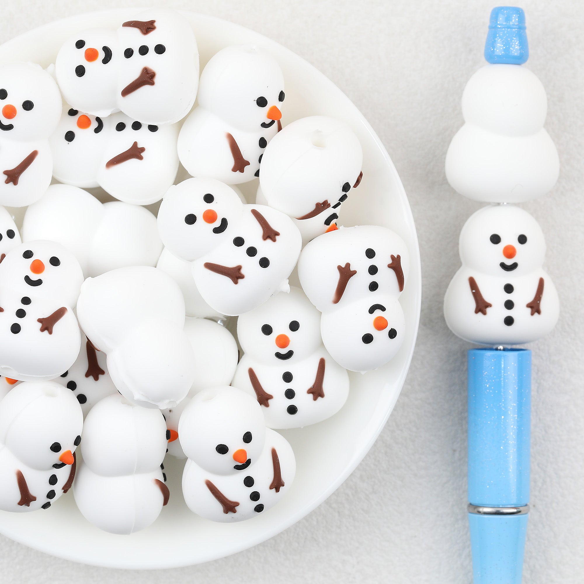 Snowman Christmas 3D Silicone Focal Beads Wholesale, White Orange Noses Brown Arms
