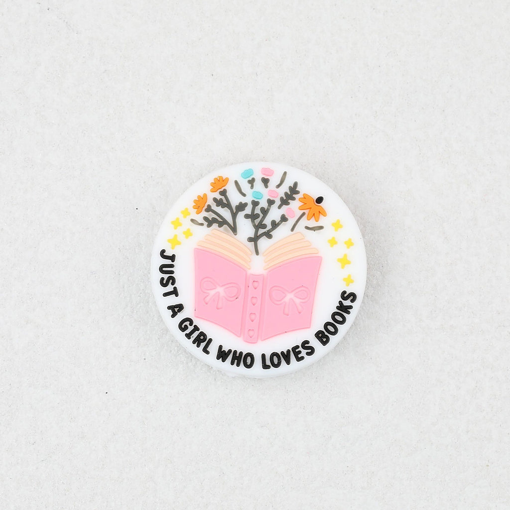 Silicone Focal Beads Just A Girl Who Loves Reading Pink Book Floral Text 20pcs