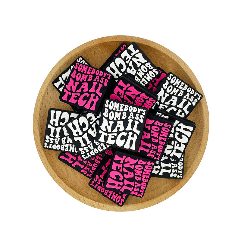 Silicone Focal Beads Nail Tech Square Letter Bold Typography 20pcs 4