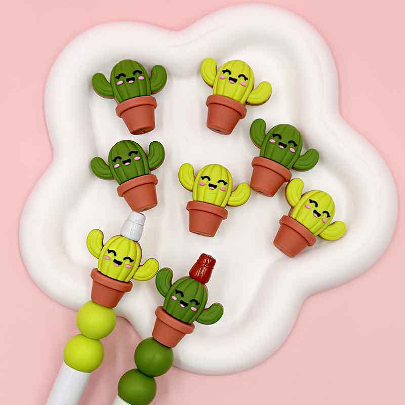 3D Cute Cactus Planter Silicone Focal Beads Green Shades 20pcs 4