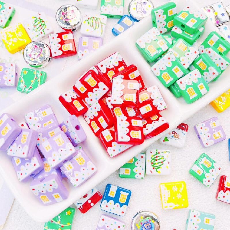 Christmas Square Acrylic Beads 16mm Gingerbread House Design 10pcs