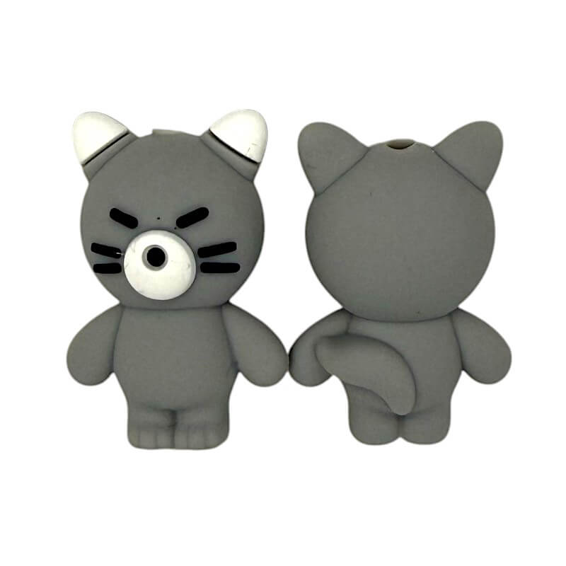 Silicone 3D Focal Beads Grey Cat Front View 20pcs