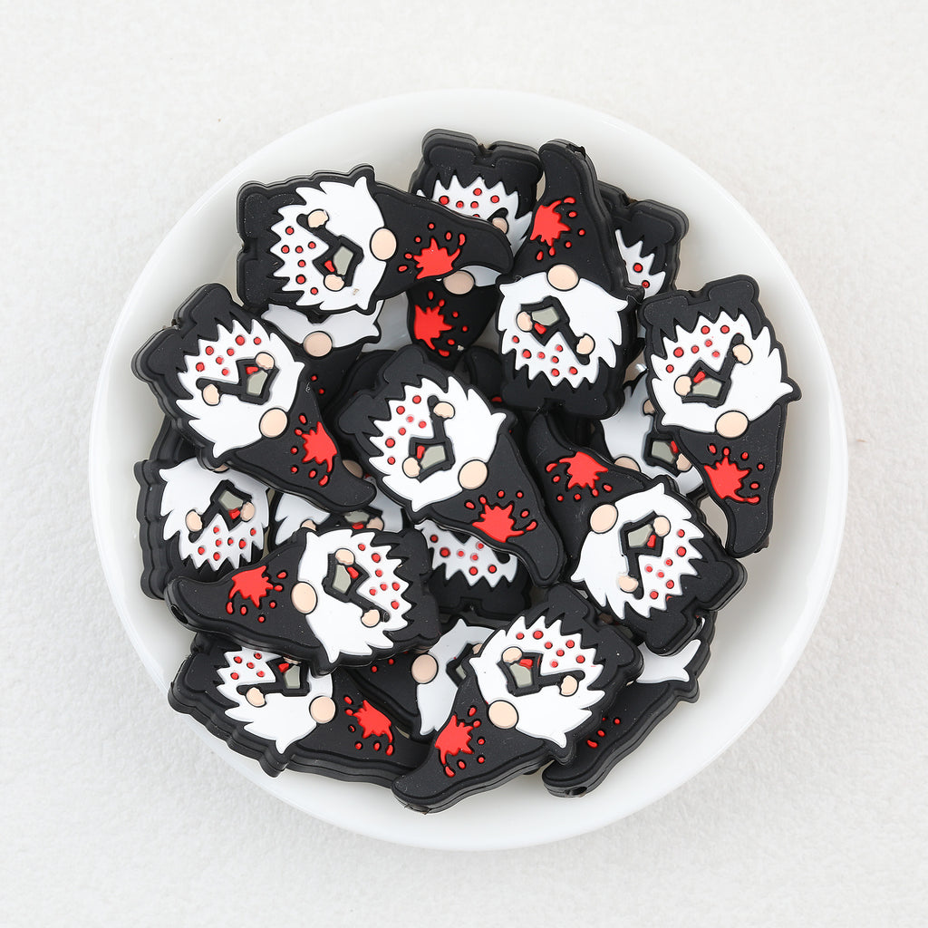 Flat Axe Gnome Silicone Focal Beads Wholesale, Halloween Black White Red Design