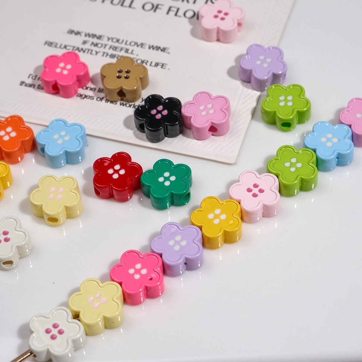 Painted Flower Button Acrylic Beads 12mm Glossy Pastel 50pcs