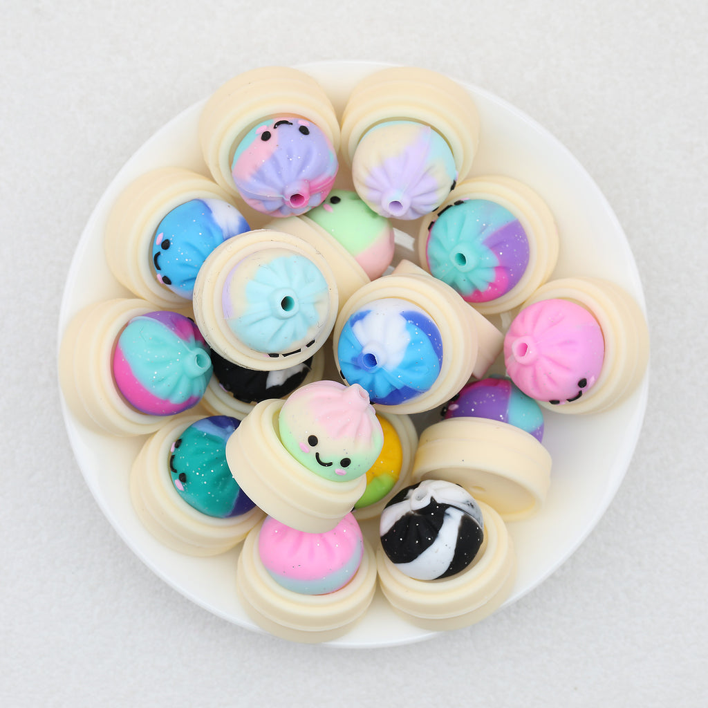 Tie Dye 3D Silicone Focal Beads With Steamer Cute Smiling Dumpling Glitter 20pcs 5