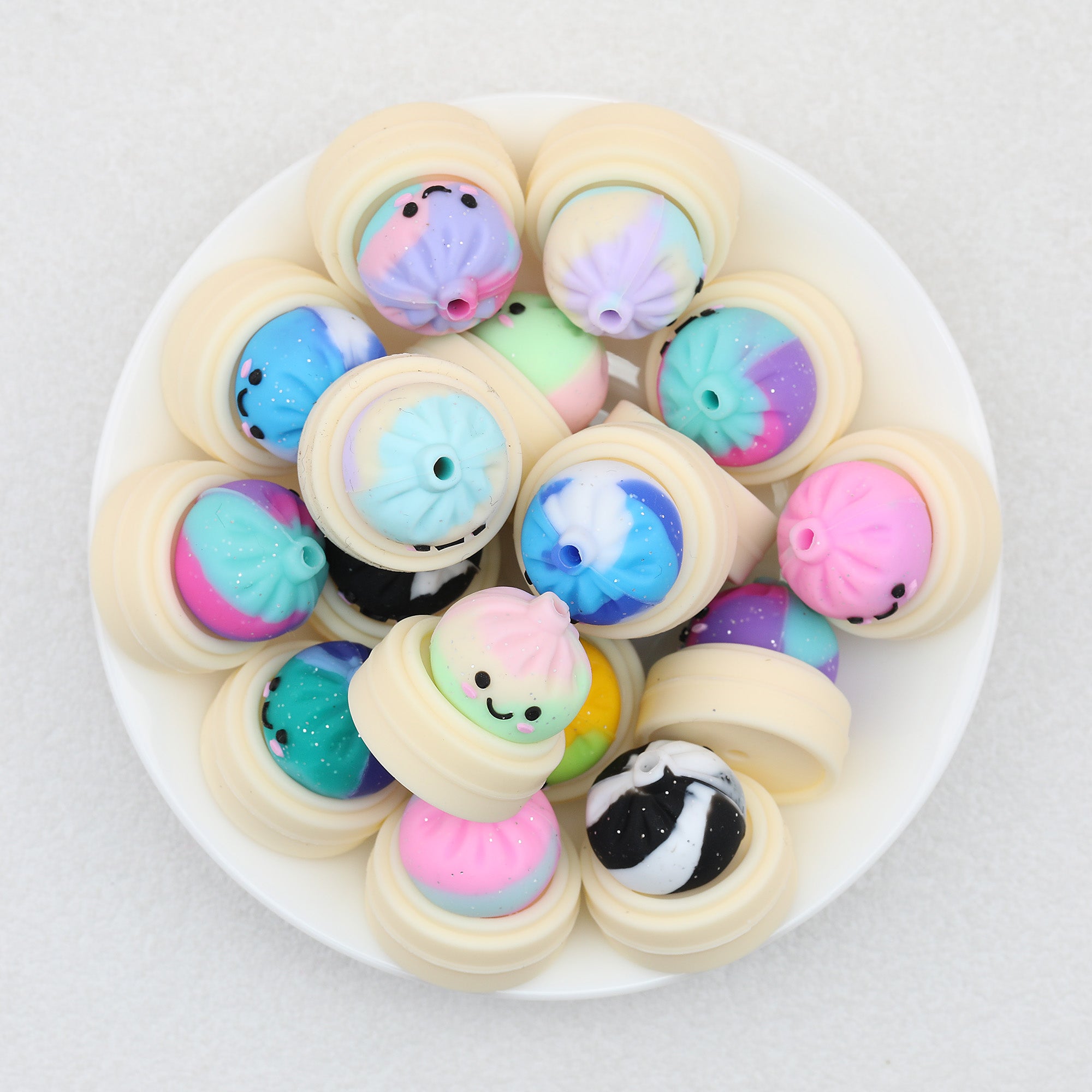 Tie Dye 3D Silicone Focal Beads With Steamer Cute Smiling Dumpling Glitter 20pcs 5