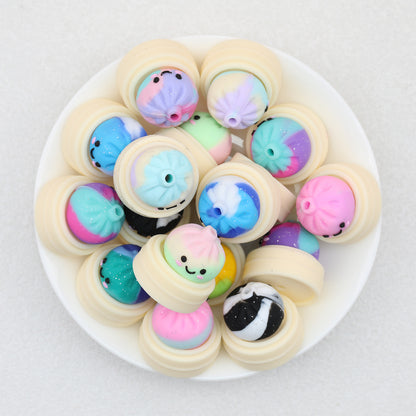 Tie Dye 3D Silicone Focal Beads With Steamer Cute Smiling Dumpling Glitter 20pcs 5