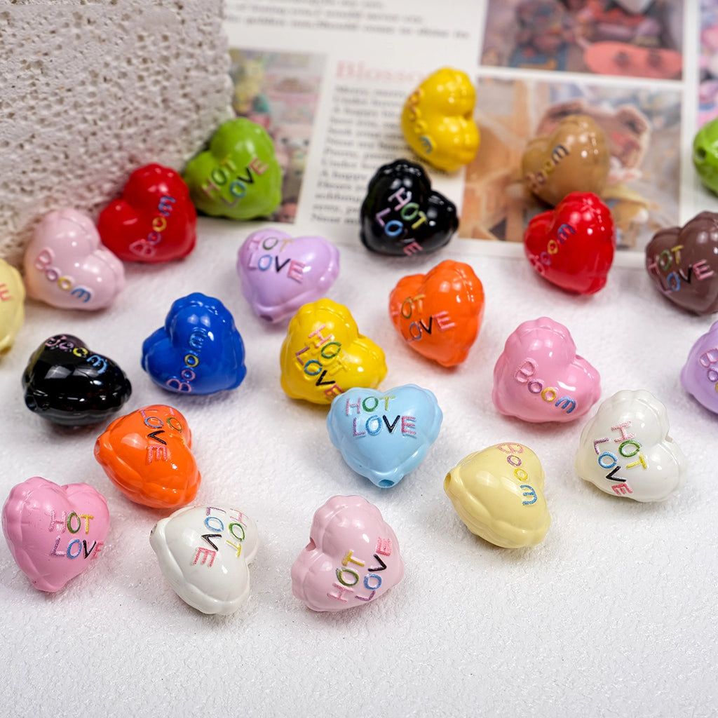 Balloon Heart Acrylic Beads 19mm Glossy Colorful Lettering 10pcs