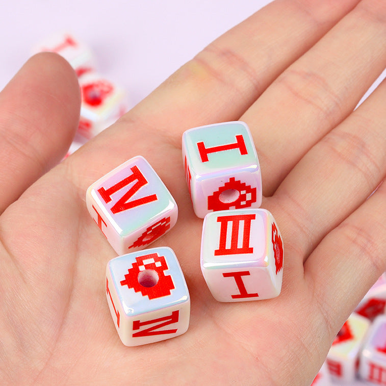 Plated Heart Pattern Acrylic Square Beads 16mm Glossy White Red 10pcs 4