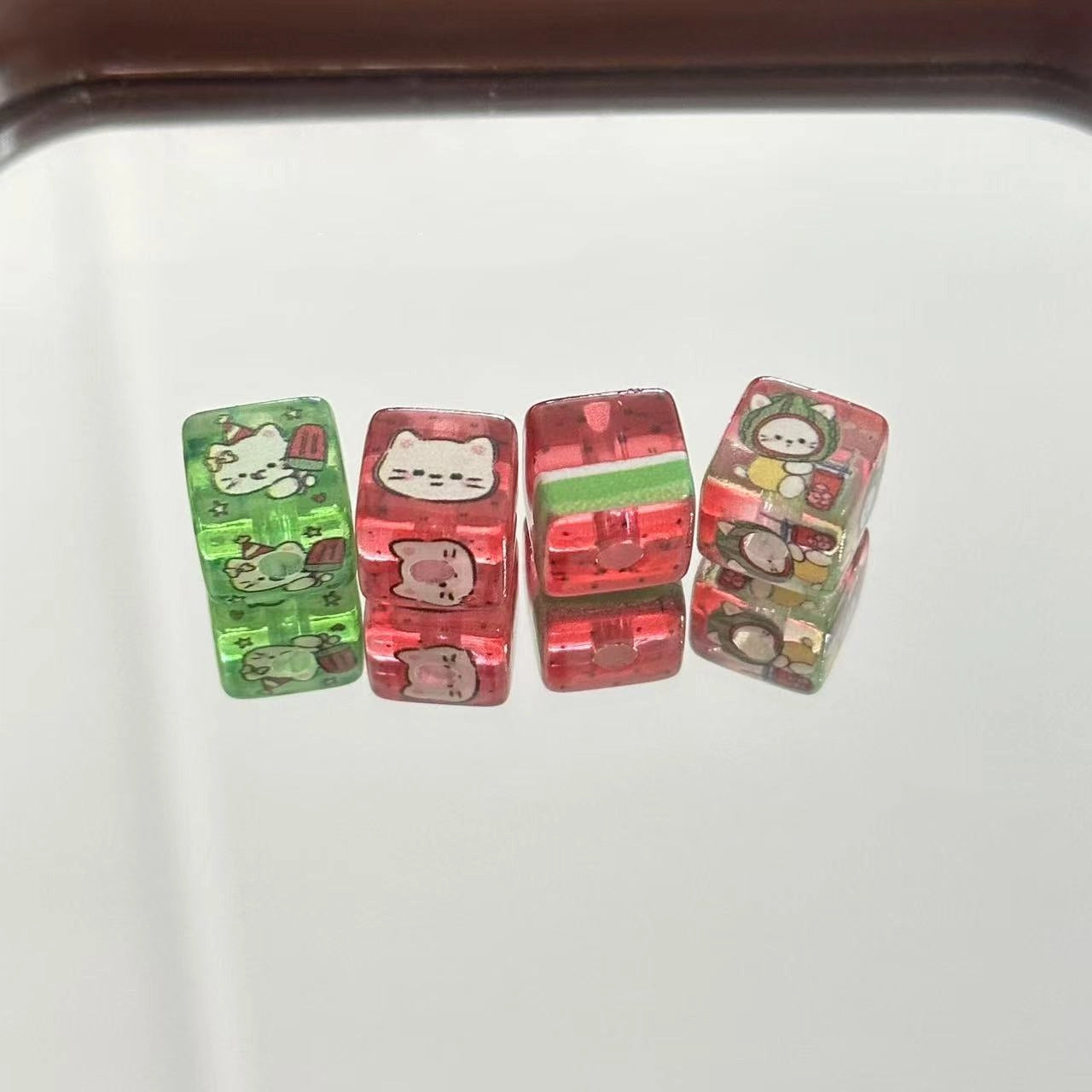 Square Acrylic Beads 10mm Watermelon Kitten Translucent Red Green 20pcs