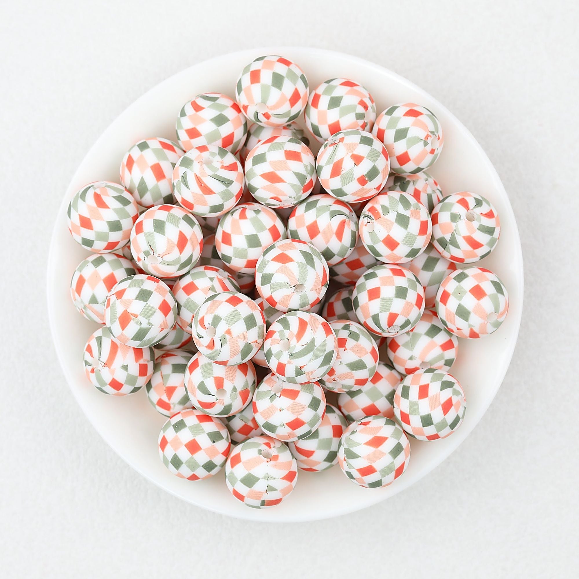 Colorful Pattern 15mm Silicone Round Beads 50pcs - Checkered Flag