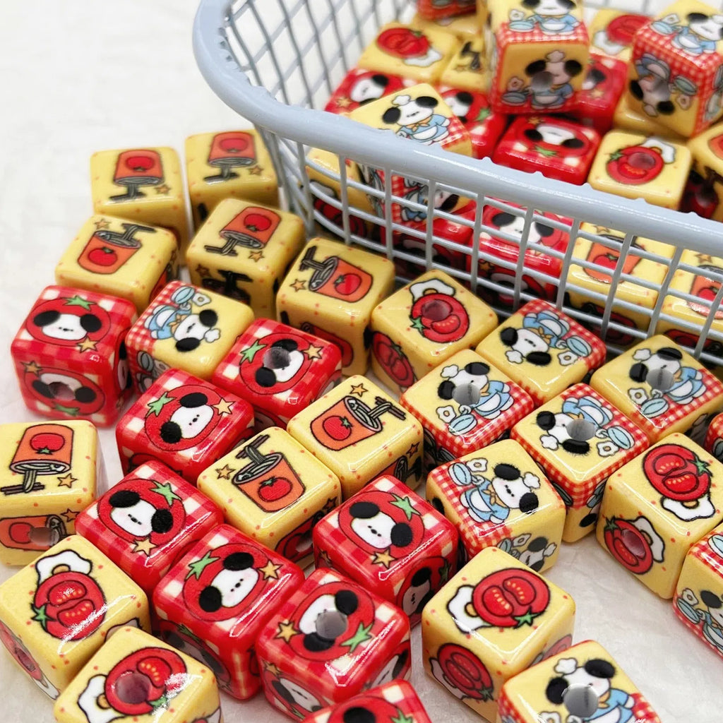 Square Acrylic Beads 14mm Puppy in Tomato Glossy Colors 10pcs