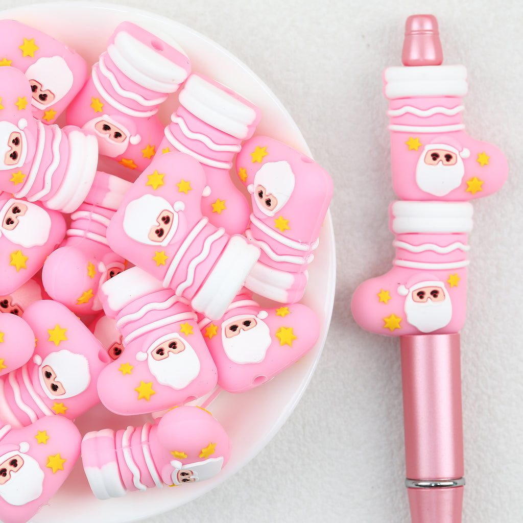 Pink Santa Stocking 3D silicone focal beads Wholesale, Christmas Yellow Stars Design