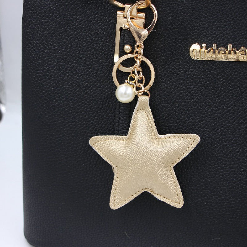 Leather Star Keychain with Faux Pearl Charm Gold and Silver 2