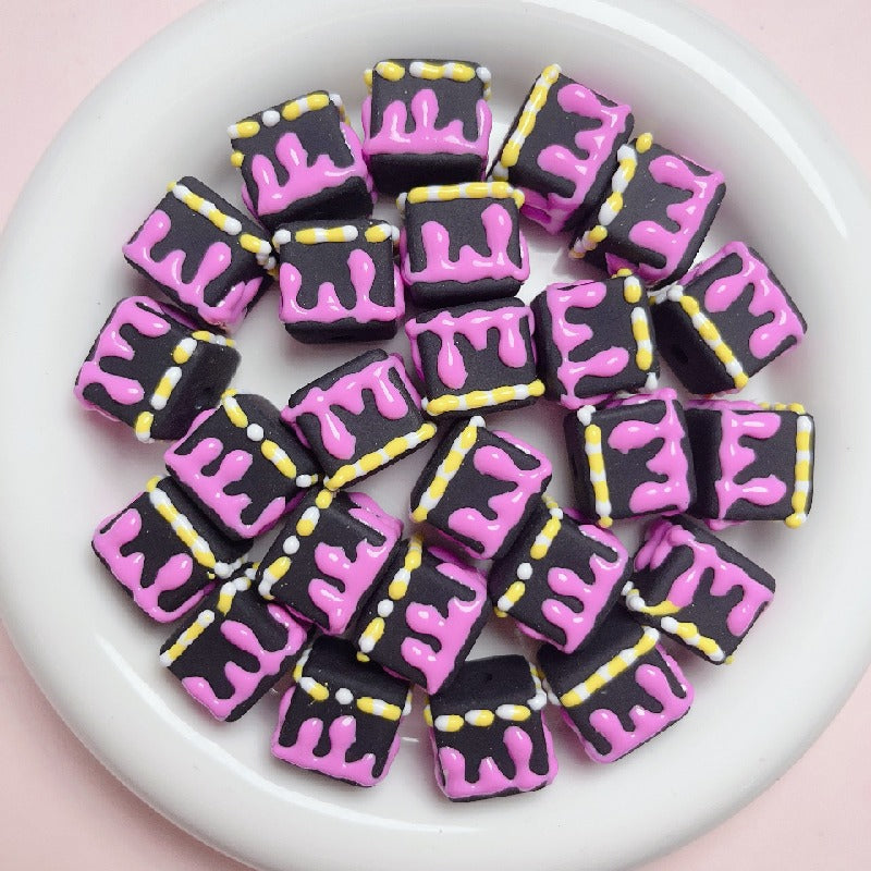 Hand Painted Cube Acrylic Beads 16mm Cream Dripping Icing 5pcs 14