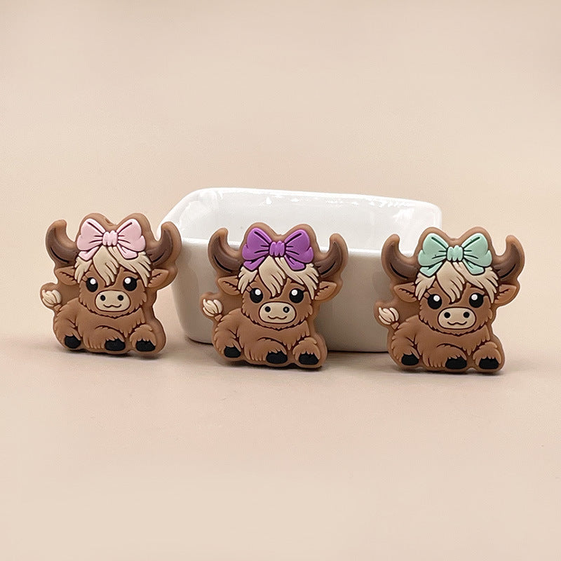 Silicone Focal Beads Highland Cow Boy Girl With Bow And Cap 20pcs 6