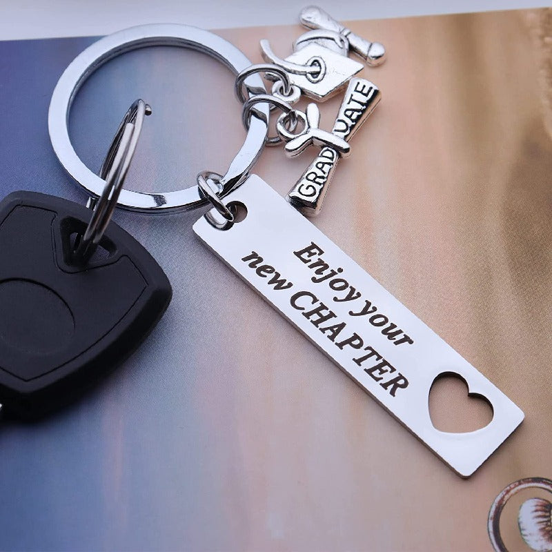Stainless Steel Inspirational Graduation Strip Keychain Heart Cutout 3