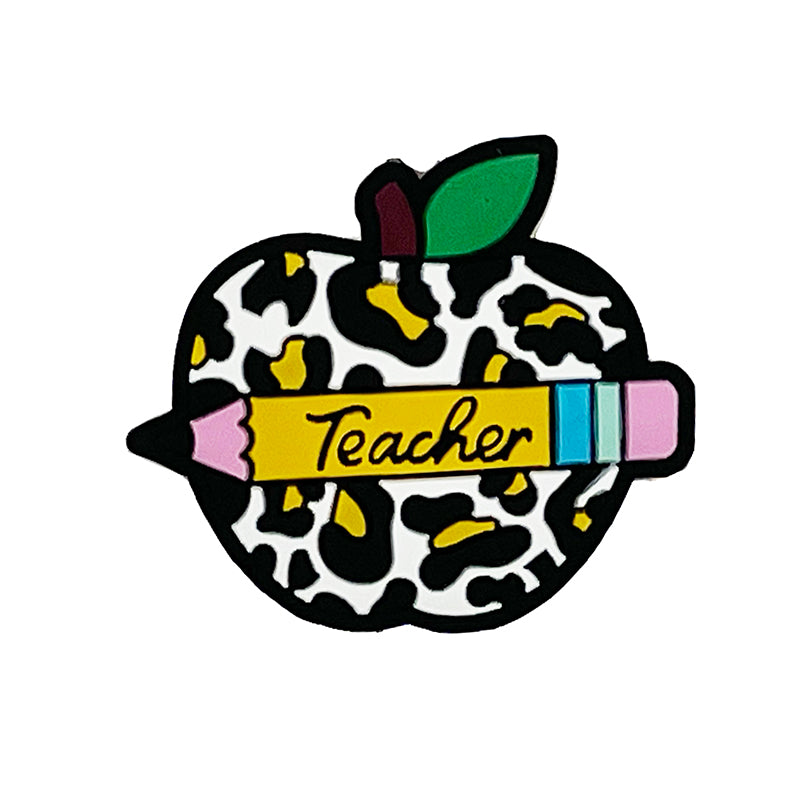 Silicone Focal Beads Apple Leopard Print Teacher Text 20pcs