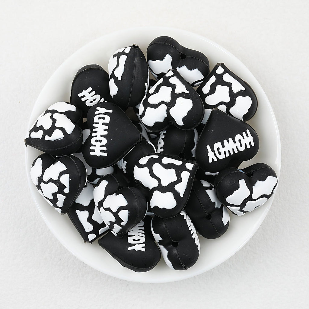3D Western Cowboy Heart Silicone Focal Beads Cow Print 20pcs