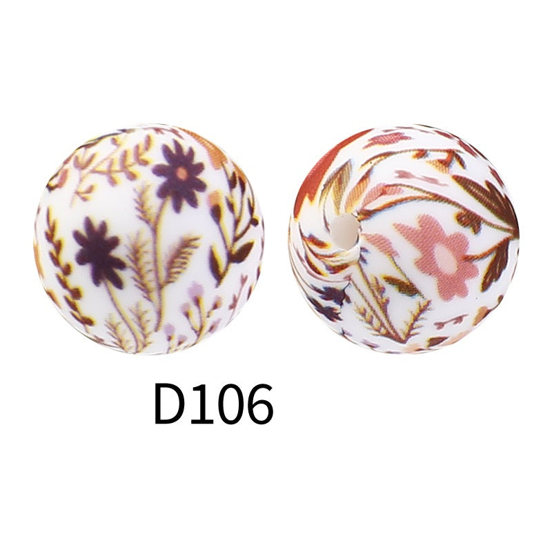 15mm Round Silicone Beads Floral Pattern Printed Design 50pcs 8