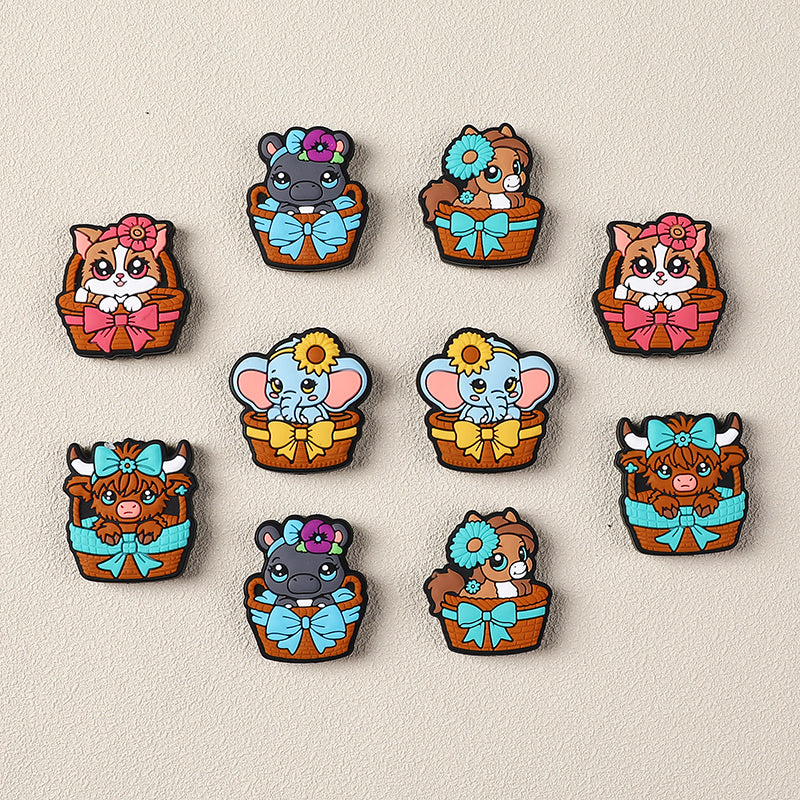 Silicone Focal Beads Basket Animals Holding Bows 20pcs