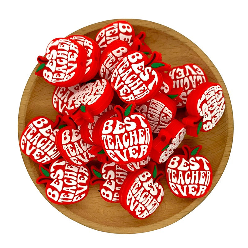 Silicone Focal Beads Teacher Red Apple Lettering 20pcs 2