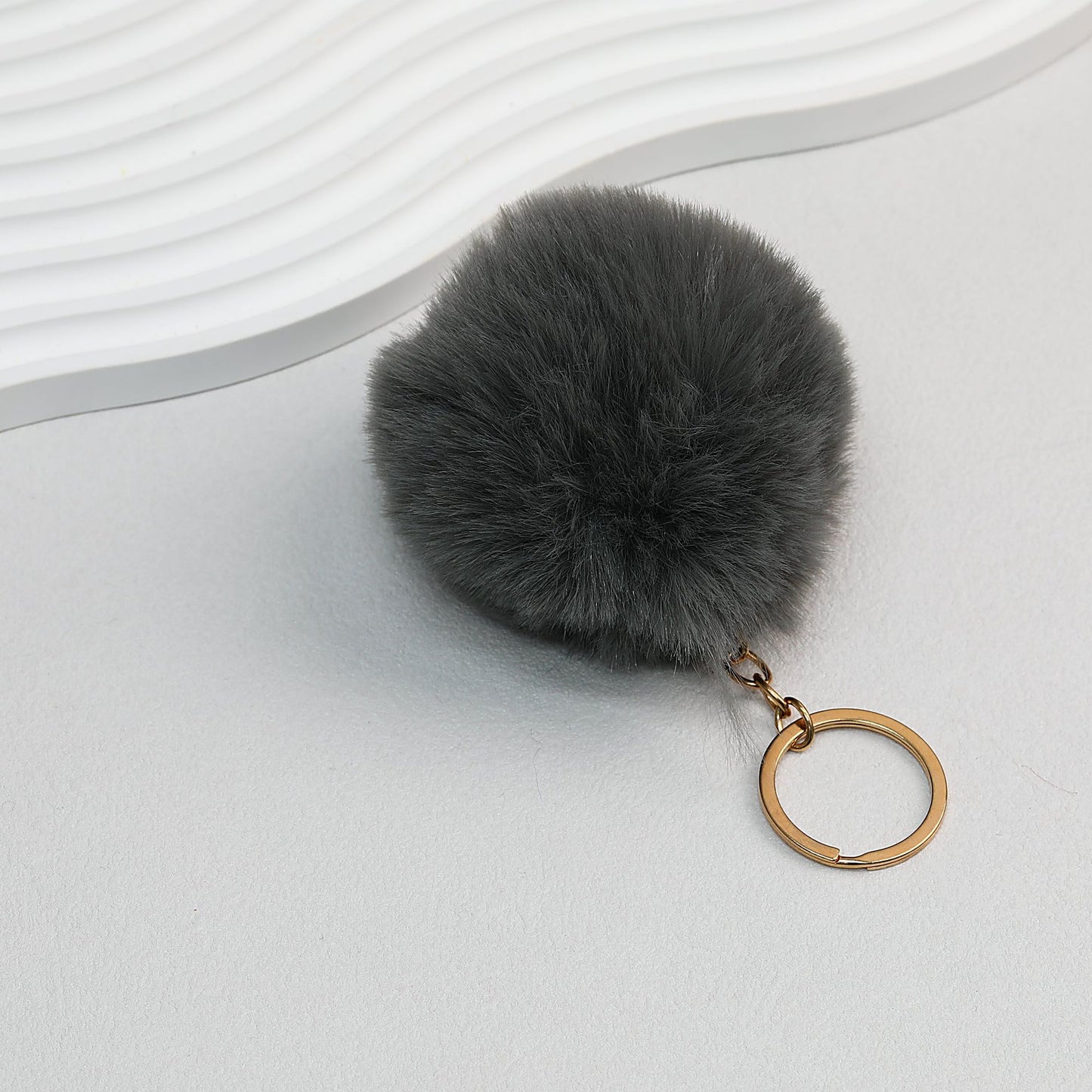 Pom Pom Keychain Plush Violet Faux Fur Ball Gold Ring 8cm - Dark gray