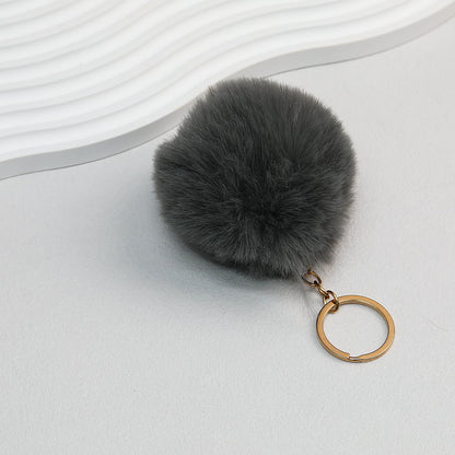 Pom Pom Keychain Plush Violet Faux Fur Ball Gold Ring 8cm - Dark gray