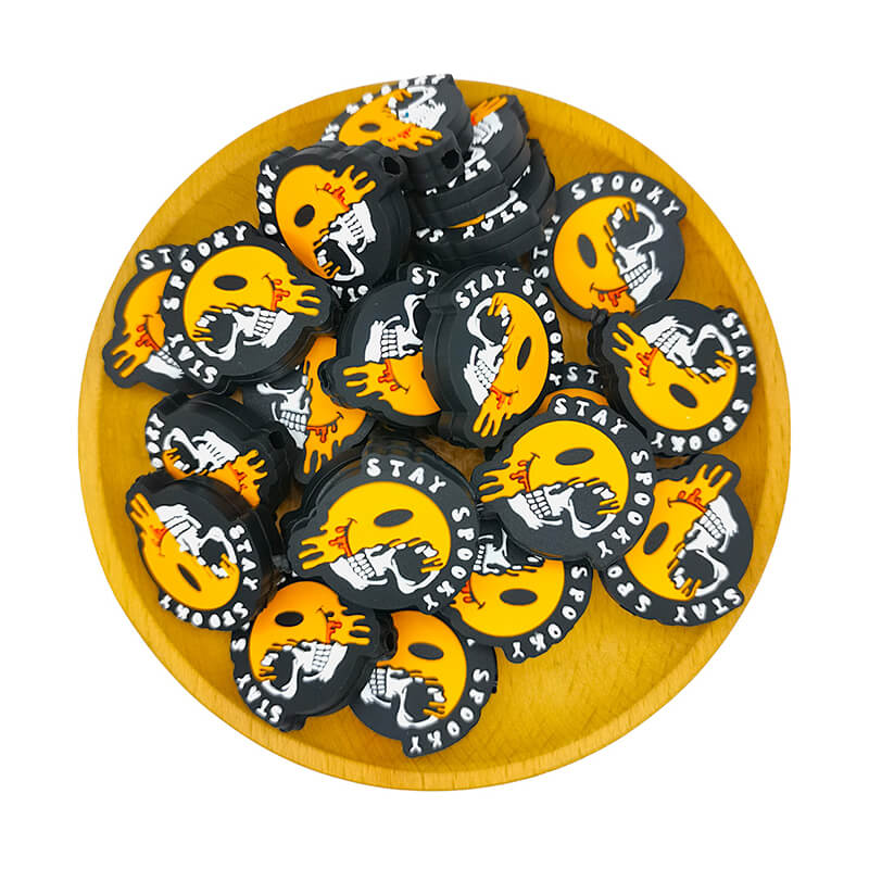 Silicone Focal Beads Halloween Dripping Smiley Skull With Stay Spooky Text 2