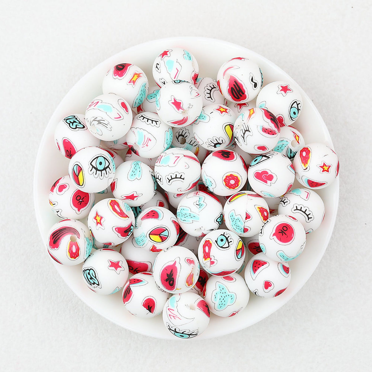 15mm Printed Pattern Silicone Beads Colorful Design 50pcs - Summer