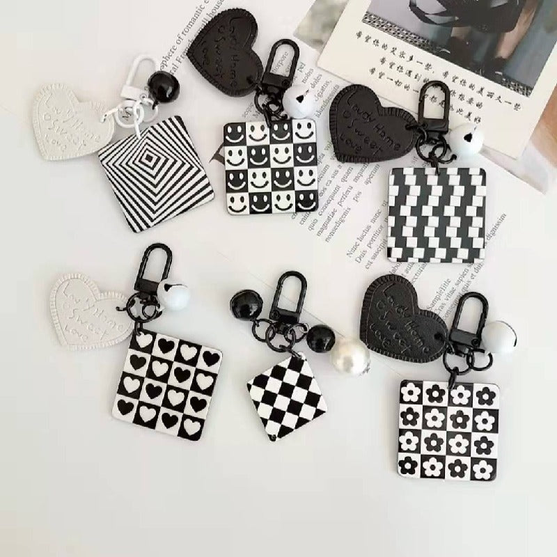 Cartoon Acrylic Plaid Striped Heart Leather Keychain Monochrome Design
