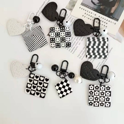 Cartoon Acrylic Plaid Striped Heart Leather Keychain Monochrome Design